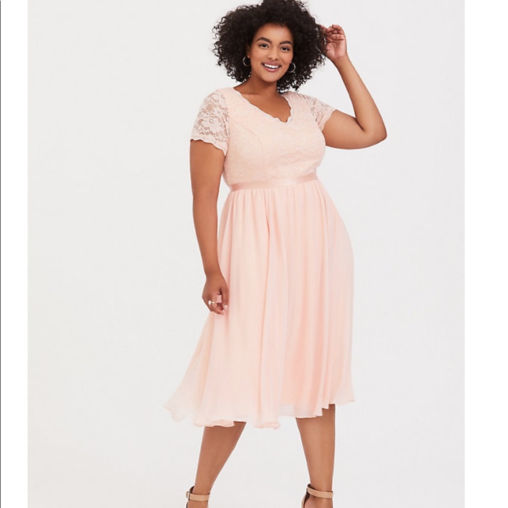 Peach pink sequin and lace midi dress